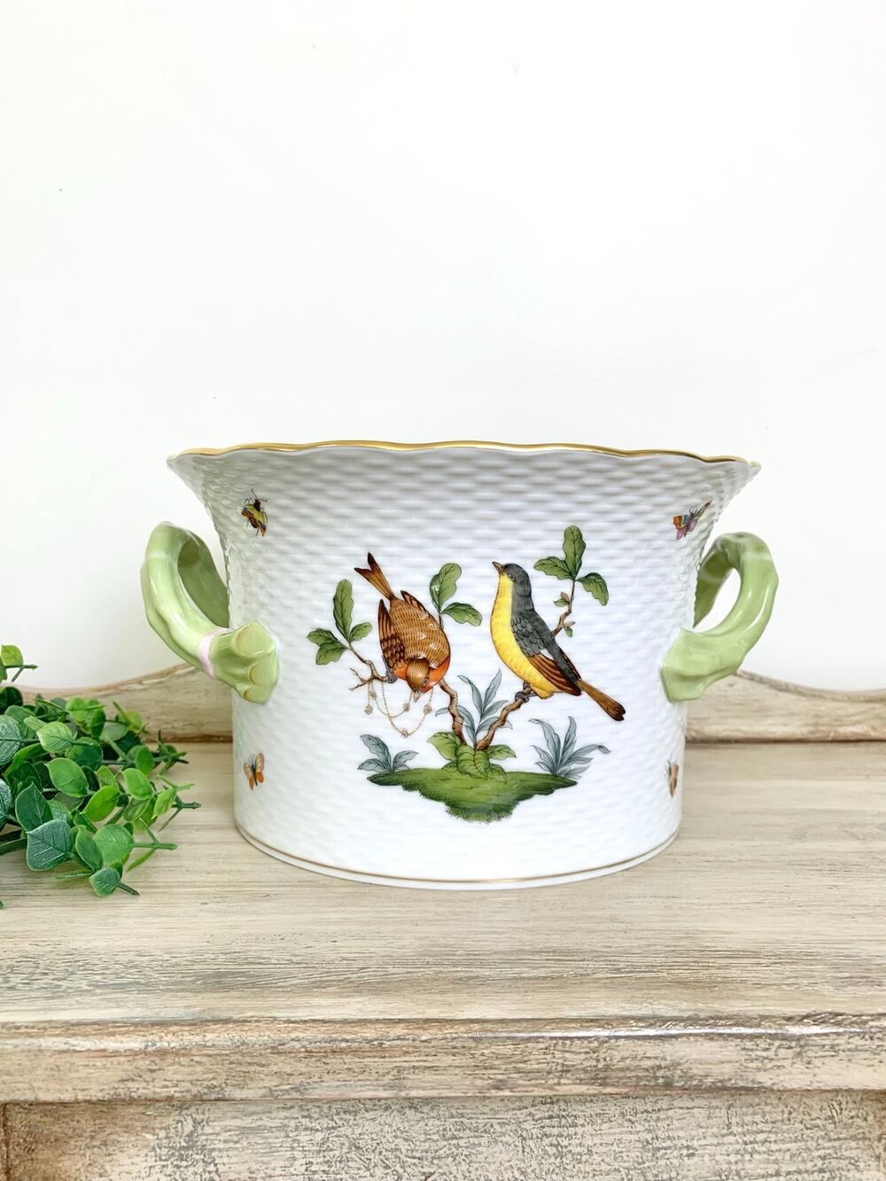 Vintage Herend Rothschild Bird Cachepot Large Hand Painted Porcelain Planter